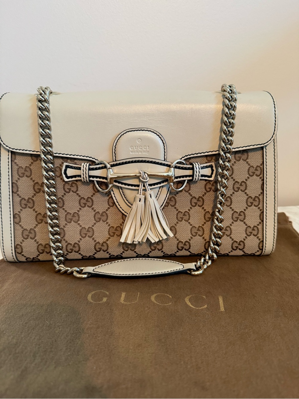 Auth Gucci Emily Chain Canvas and Cream Leather Shoulder Flap Bag with Tassel